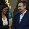 Venezuelan Minister of Foreign Affairs Delcy Rodriguez (L) speaks with former president of the Spanish government Jose Luis Rodriguez Zapatero at the end of a meeting in Presidential Palace with (out of frame) Venezuelan president Nicolas Maduro, UNASUR Secretary General Ernesto Samper, former Panamanian president Martin Torrijos, and former president of Dominican Republic Leonel Fernandez,  in Caracas on July 21, 2016. (Photo by JUAN BARRETO / AFP)